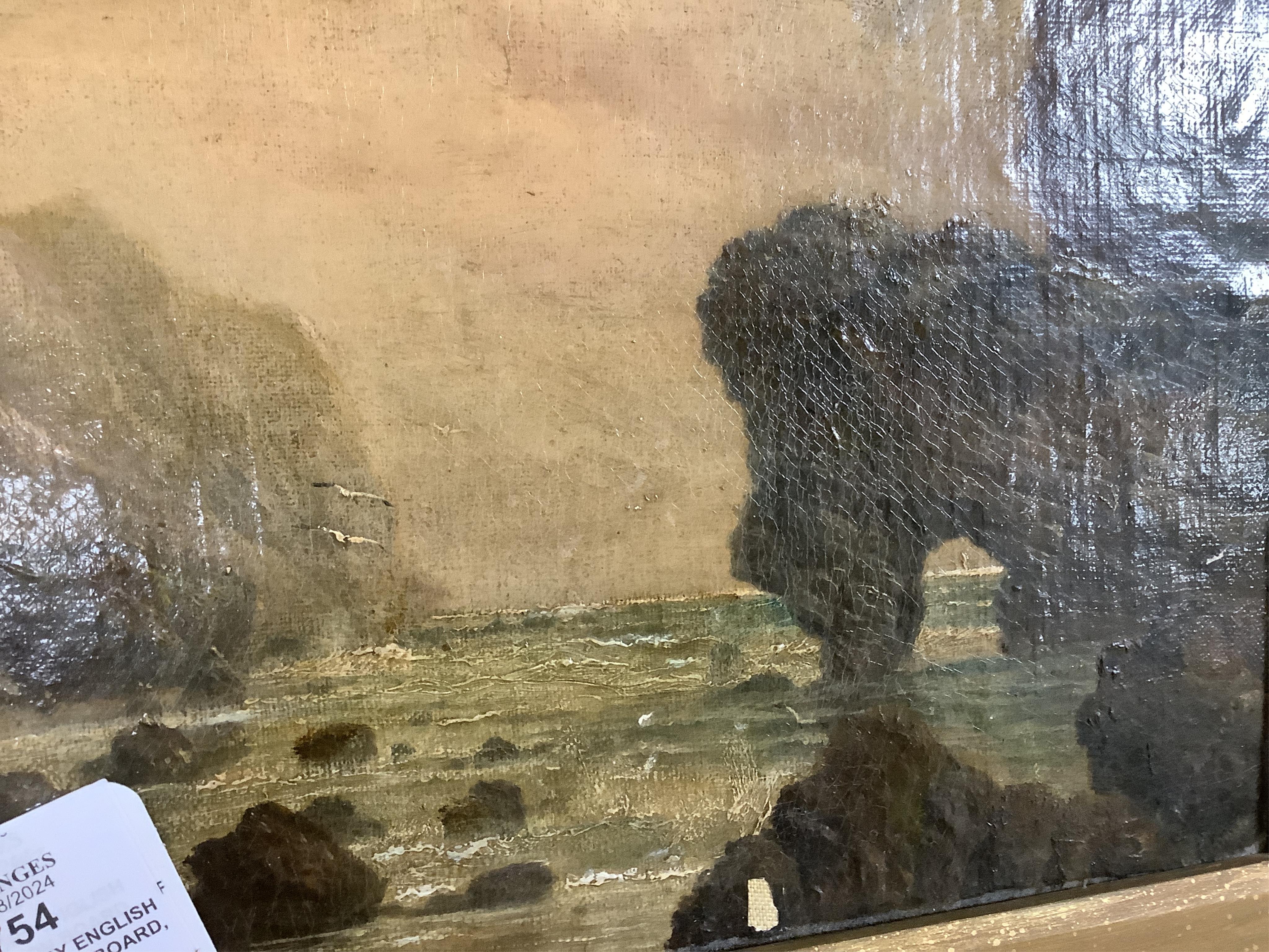 19th century English School, oil on board, Dorset Jurassic coast, showing a coastal rock formation similar to Durdle Door, 18 x 29cm, gilt frame. Condition - fair, some paint chips